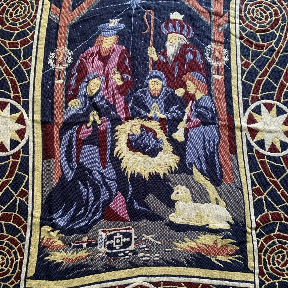 Nativity Scene Tapestry Knit Fringe Trim Throw Blanket Holiday Christmas